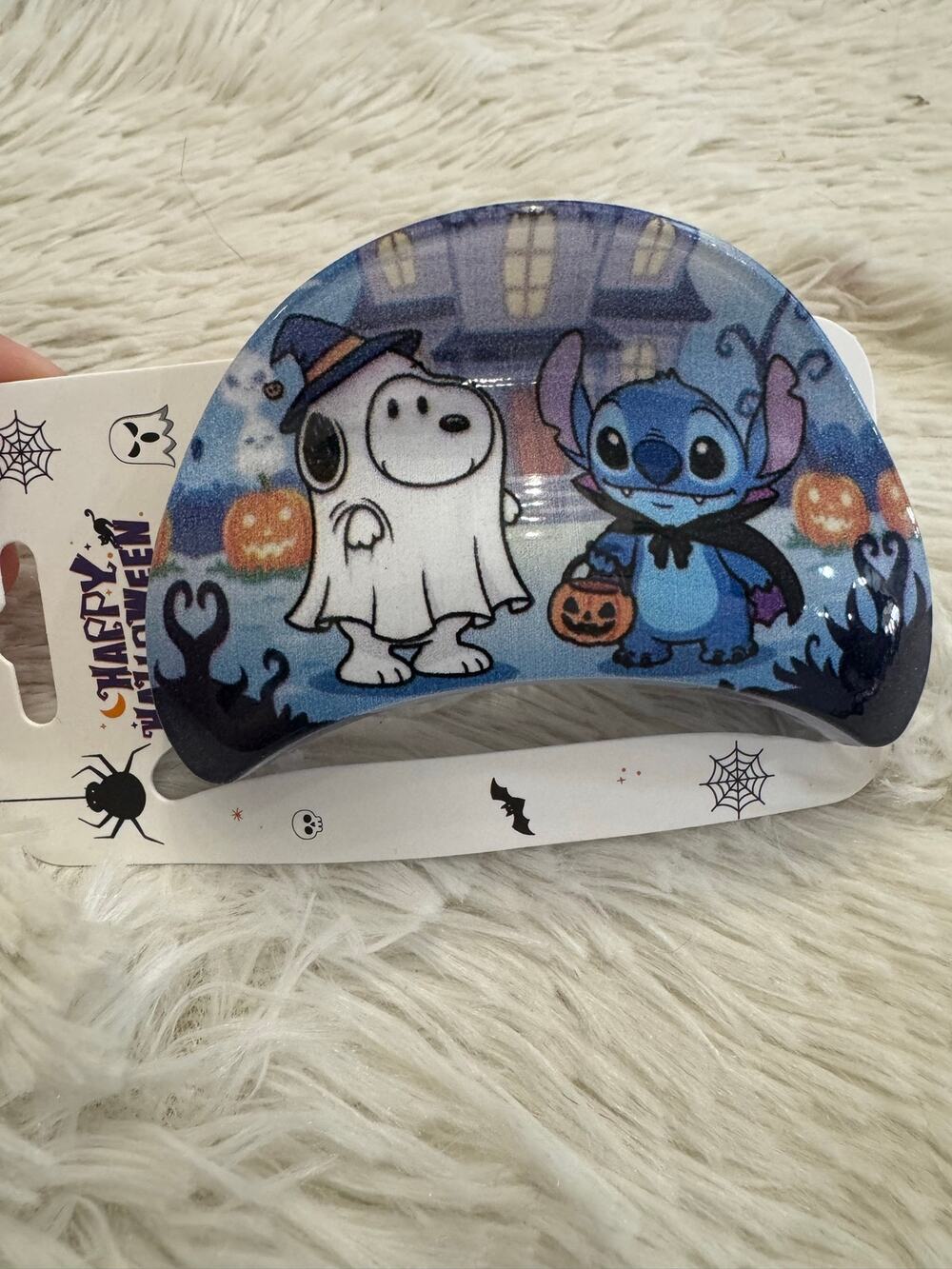 Disney Stitch and Snoopy ghost Halloween hair clip claw holding pumpkins